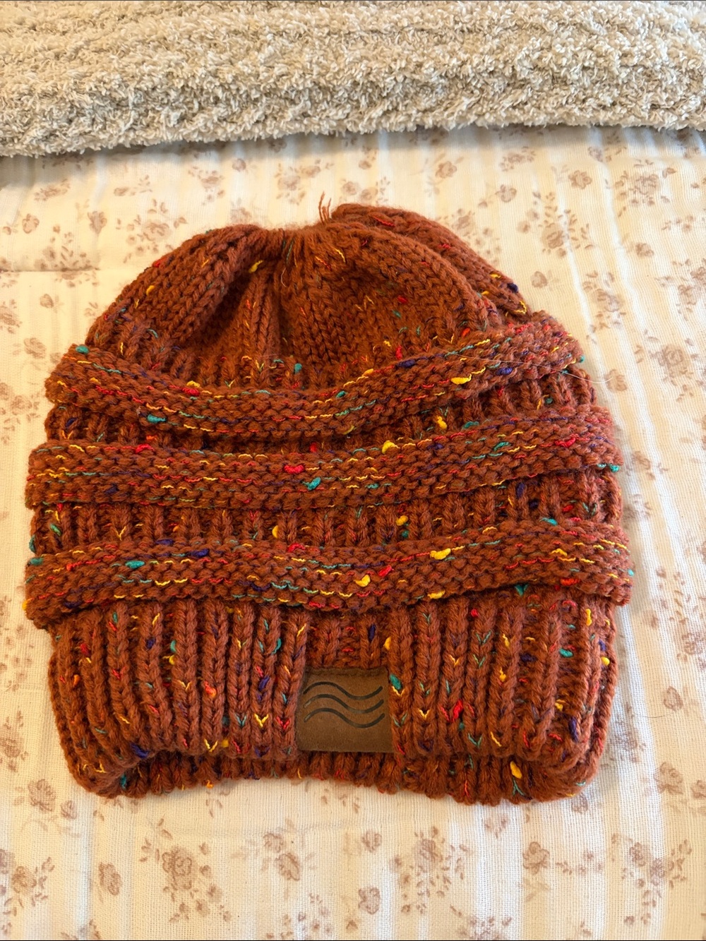 Rust Knit Beanie with Colorful Flecks